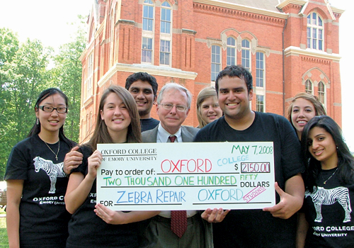 Students in zebra t-shirts with Dean Bowen