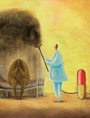 Illustration of a doctor cleaning up a patient's depression with a vacuum powered by a pill