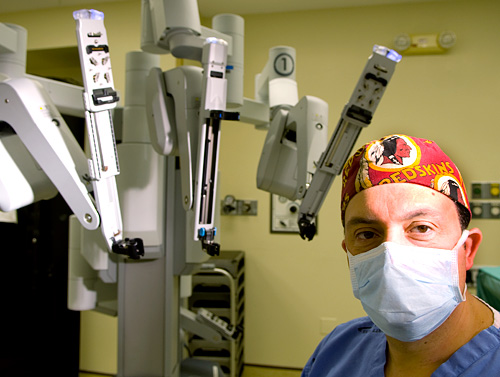 Surgeon portrait with da Vinci robot