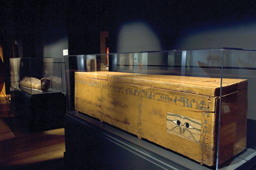 A coffin and other items in the Egyptian collection at the Carlos museum