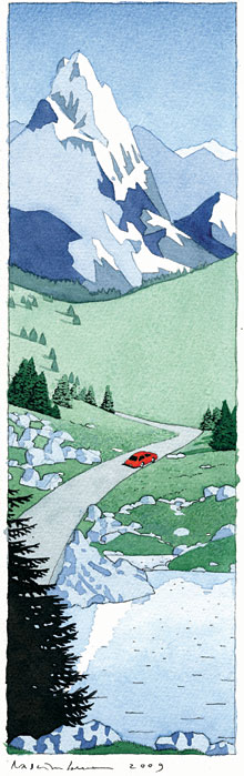 Illustration of car driving through mountains.