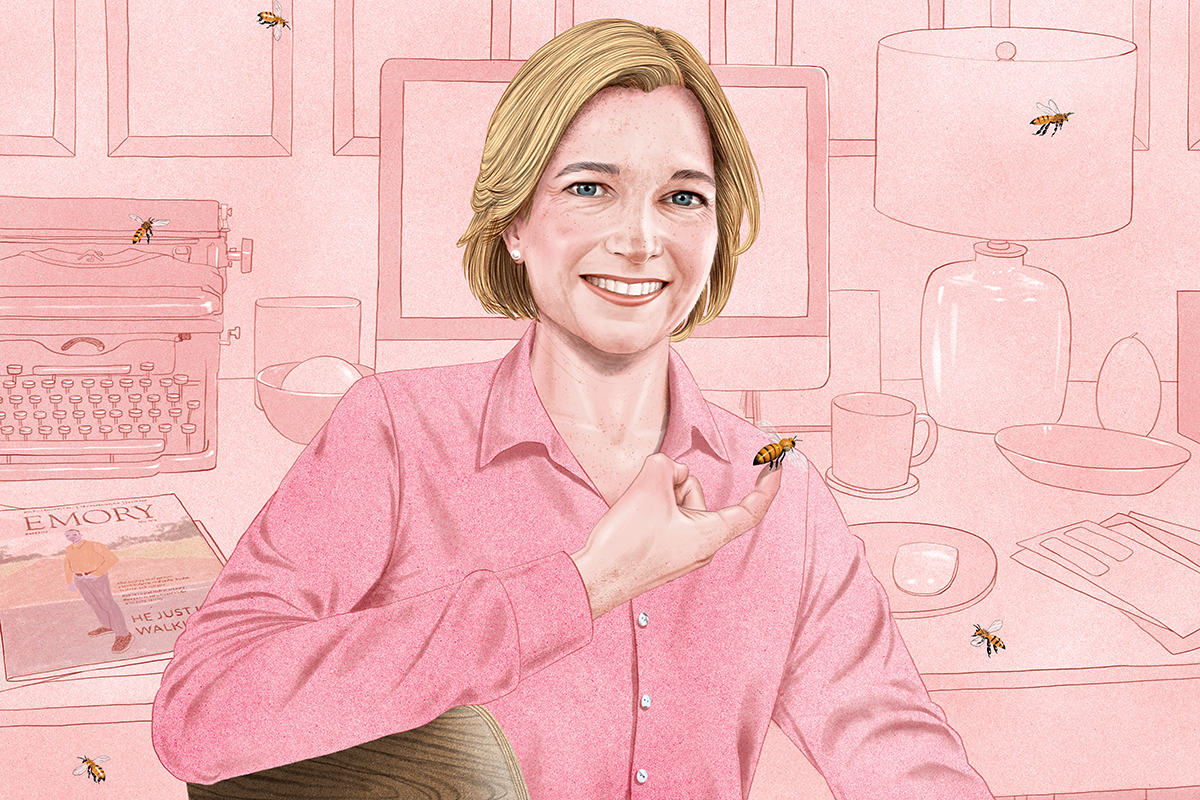 Illustration of former Emory Magazine Editor Paige Parvin, smiling, with a bee on one finger, and other bees flying around. The bees are a reference to the cover of the last issue of Emory Magazine edited by Paige.)