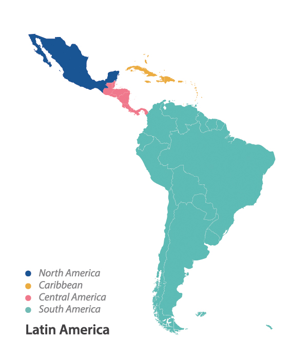 A graphic illustration of a map of Latin America.  North America is navy blue, the Caribbean is gold, Central America is gold, and South America is teal.