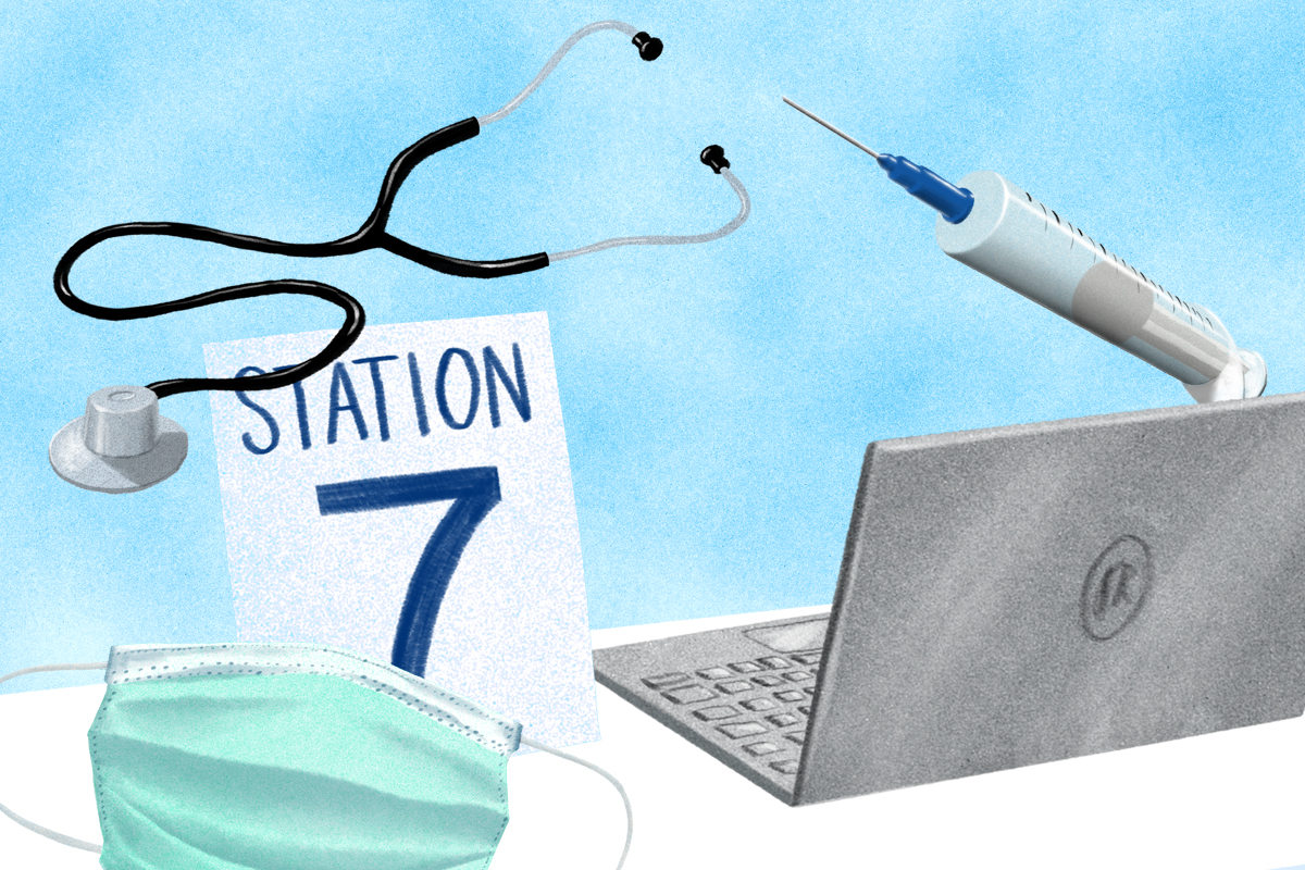 Illustration of a mask, syringe, stethoscope and a laptop on the tabletop of a vaccination station.