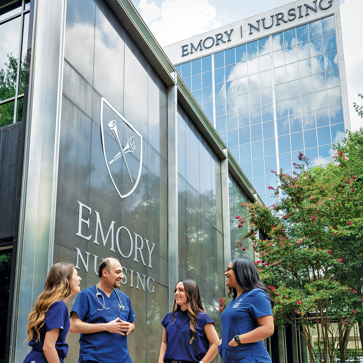 students stand outside the new Emory Nursing Learn-ing Center 