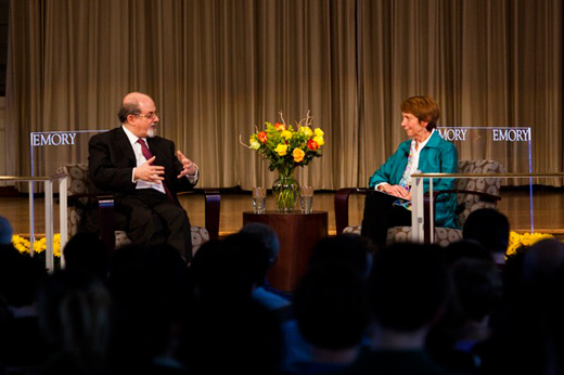 Distinguished Writer in Residence Salman Rushdie and Vice President and Secretary of the University Rosemary Magee.