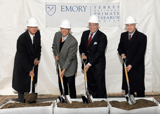 From left to right: Board of Trustees Chair Ben Johnson III; Executive Vice President for Health Affairs S. Wright Caughman; Yerkes National Primate Research Center Director Stuart Zola; and President Jim Wagner at the groundbreaking on Dec. 12.