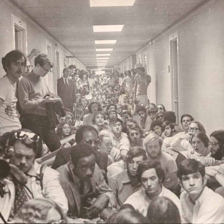 historial image of students sitting in Emory Admin building during protests