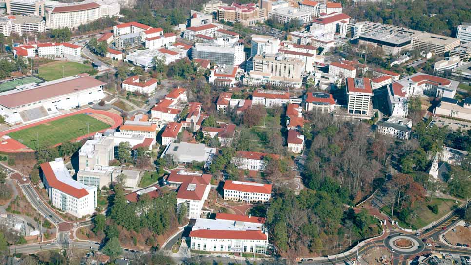 aerial shot of campus from the main gates