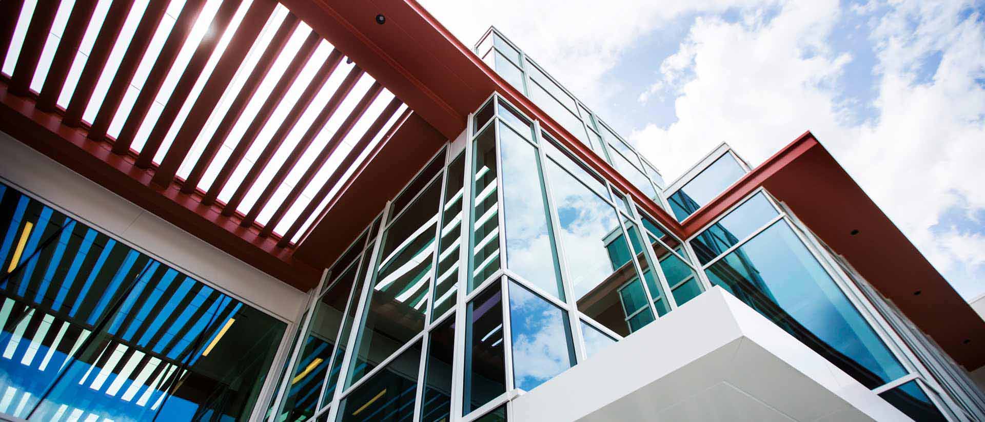 exterior view looking up at the student center