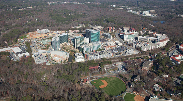 aerial view of Emory University campus including baseball field