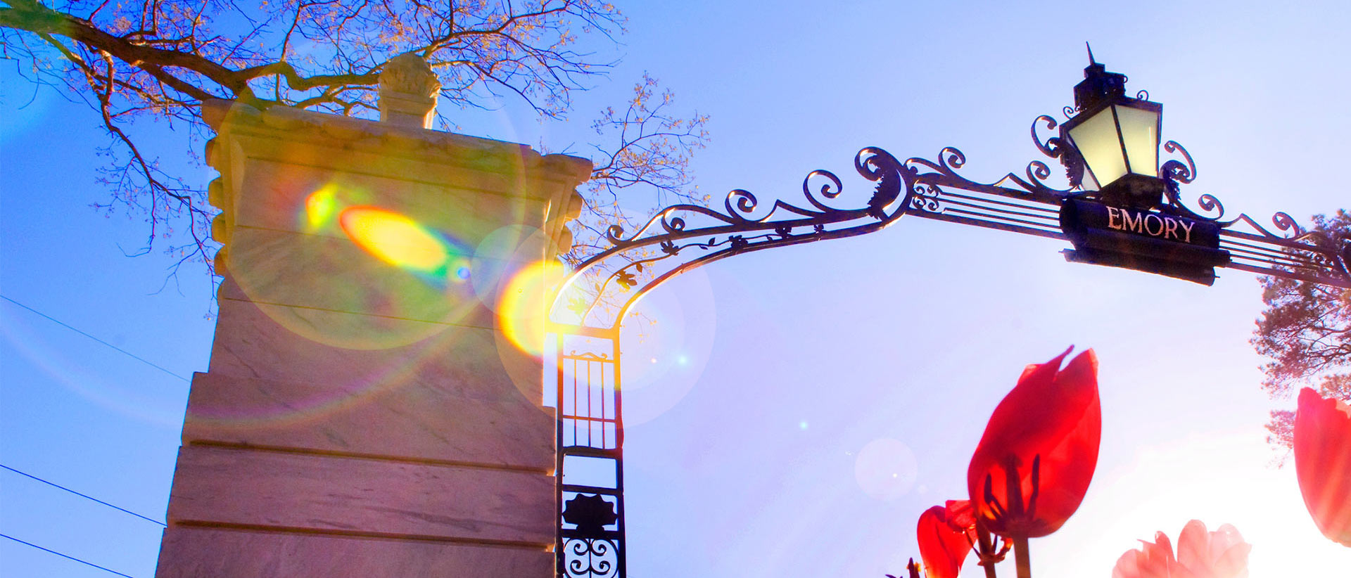 emory gate with blue sky, sun flare, and red tulips in front