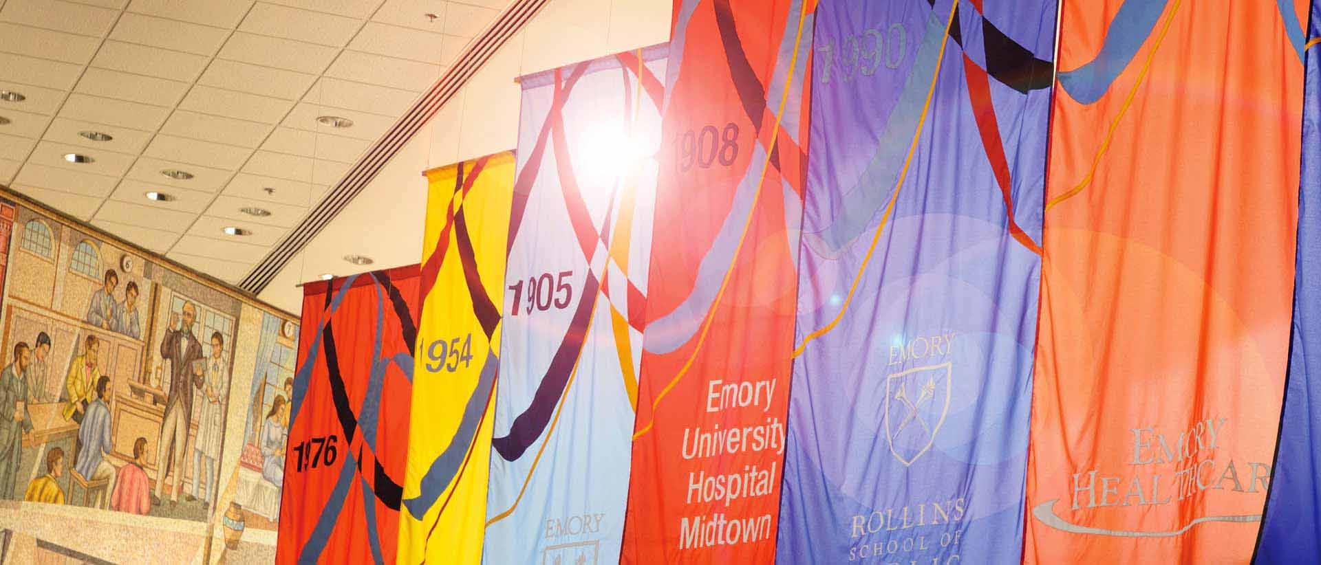 interior view of lobby with mural and flags