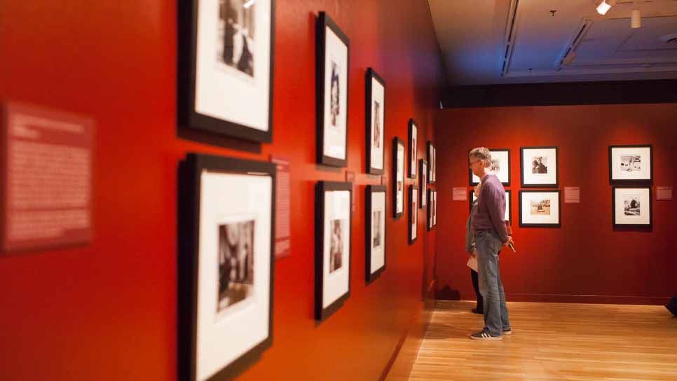 person viewing pictures in a museum gallery