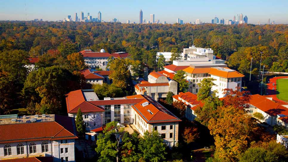 aerial shot of campus with red tile roofs