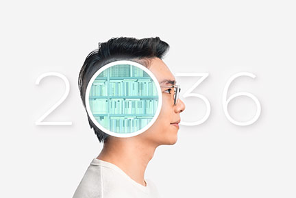 A young man looks to his right with the 2O36 logo surrounding him