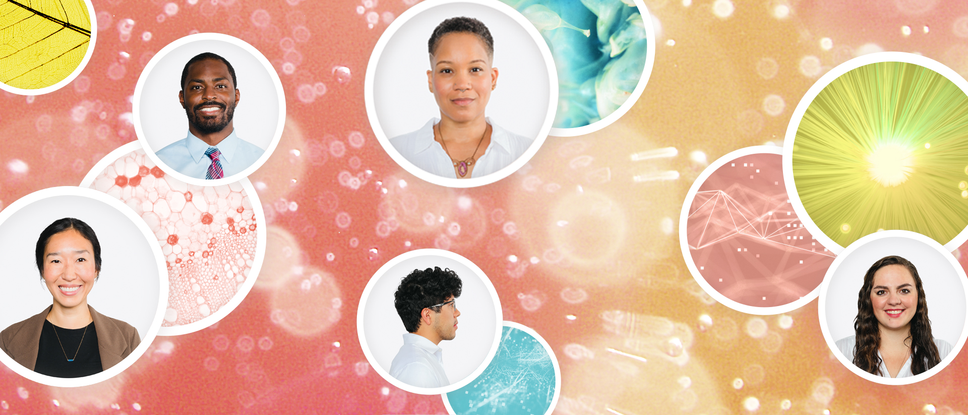 Five Emory students photos cropped into circles and placed on a colorful pink background