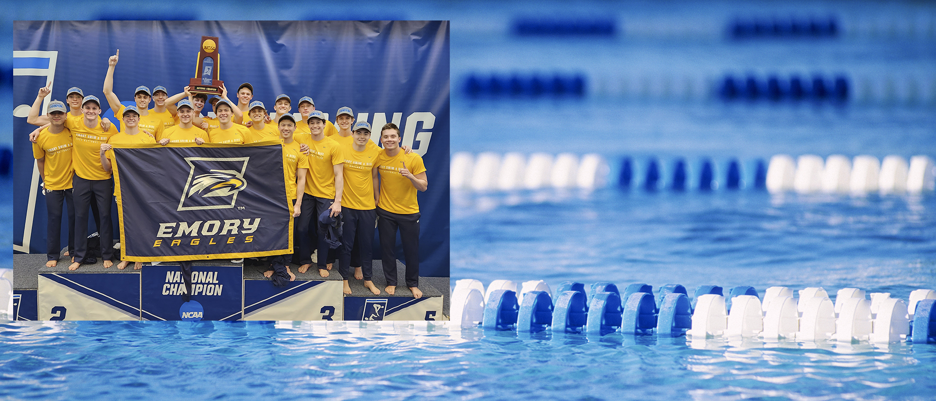 The swimming and diving team poses on the podium holding up the NCAA Championship trophy