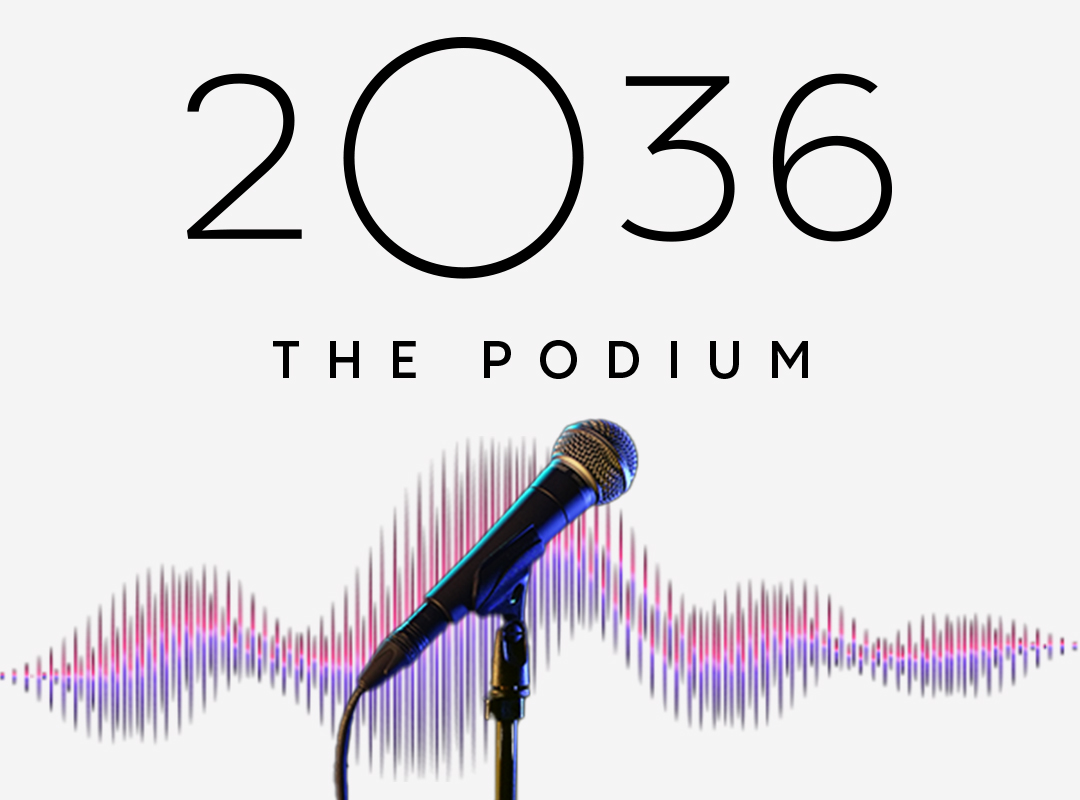 2O36 logo with the words "The Podium" and a microphone with sound waves in the background