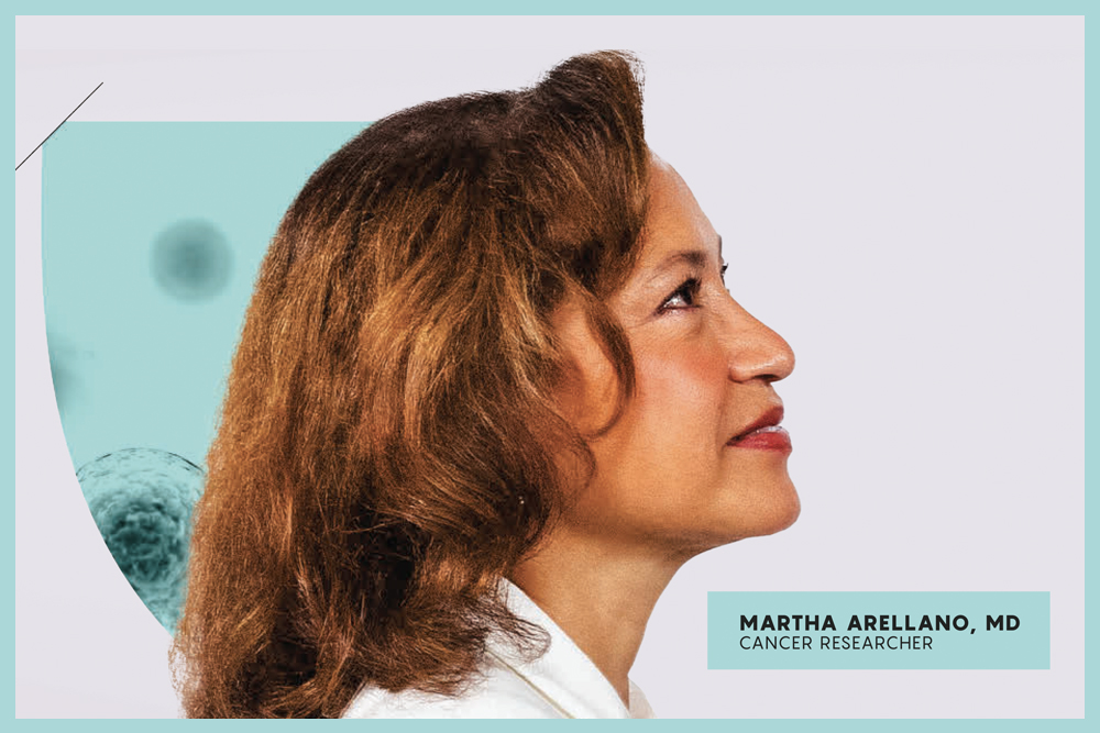 The profile of a womans face, the image says, Martha Arellano, MD, Cancer Researcher