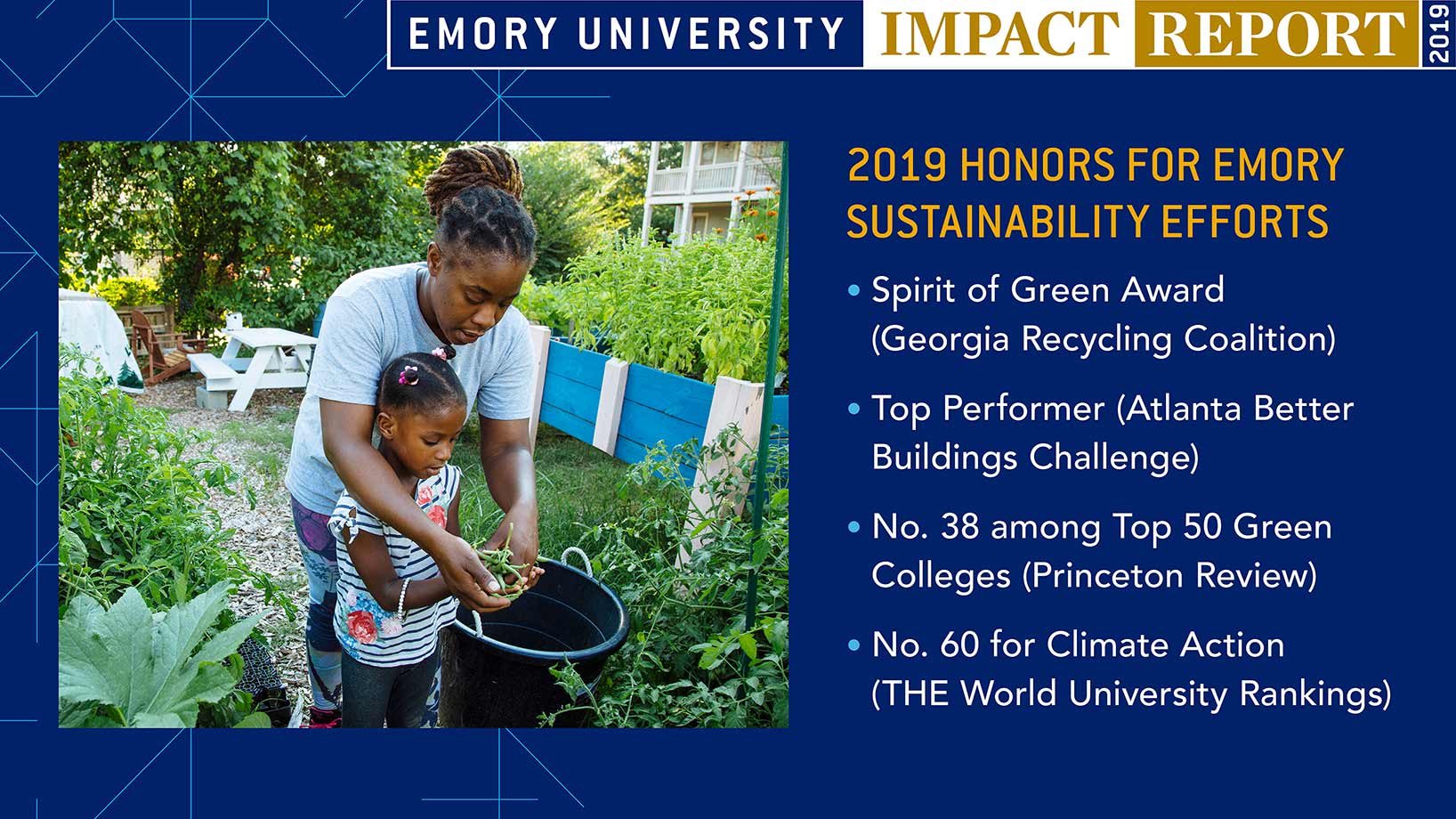 2019 Honors for Emory Sustainability Efforts: Spirit of Green Award (Georgia Recycling Coalition); Top Performer (Atlanta Better Buildings Challenge); No. 38 among Top 50 Green Colleges (Princeton Review); No. 60 for Climate Action (THE World University Rankings)